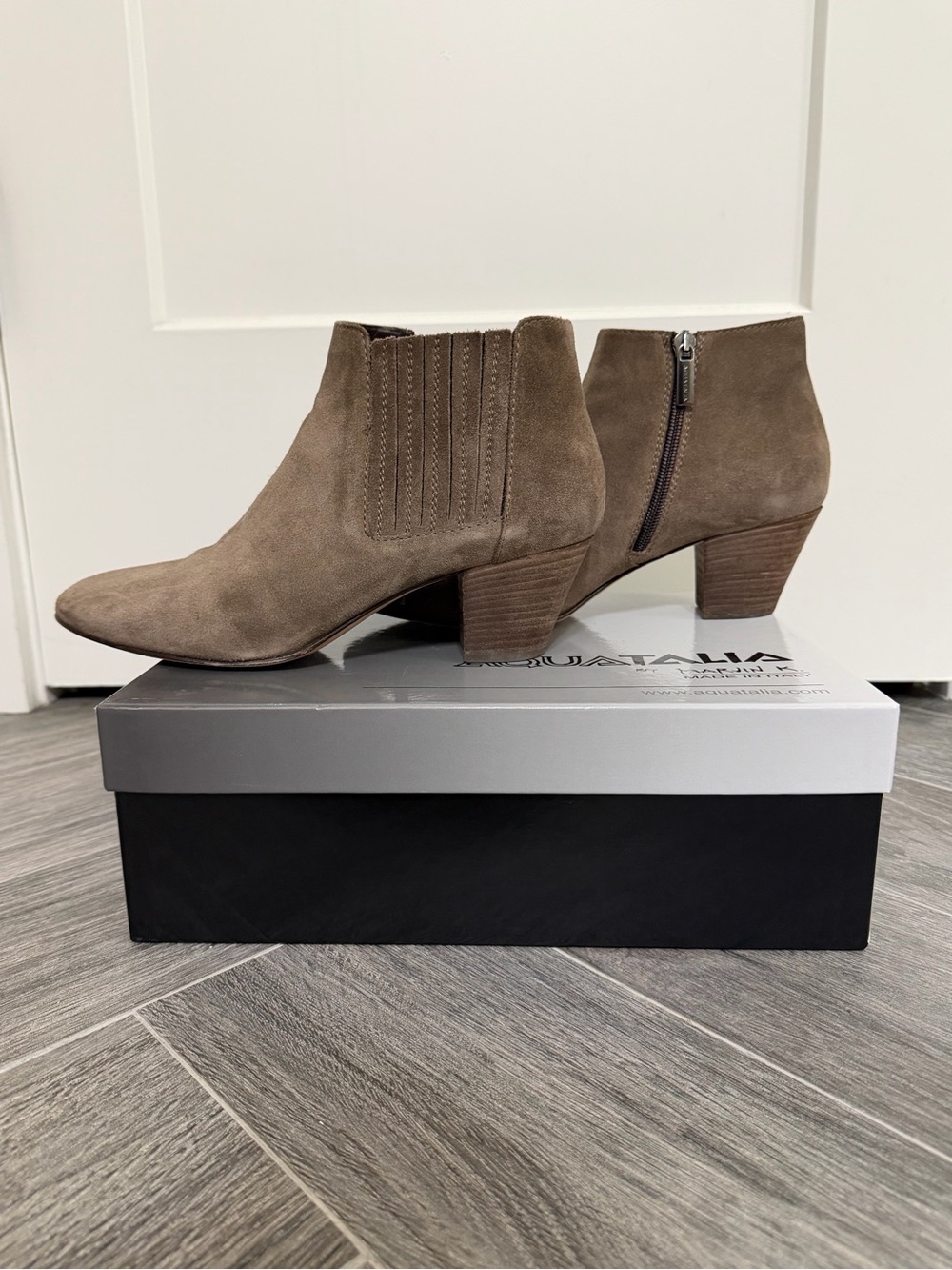 Aquatalia Taupe Suede Ankle Booties with Low Stacked Heel